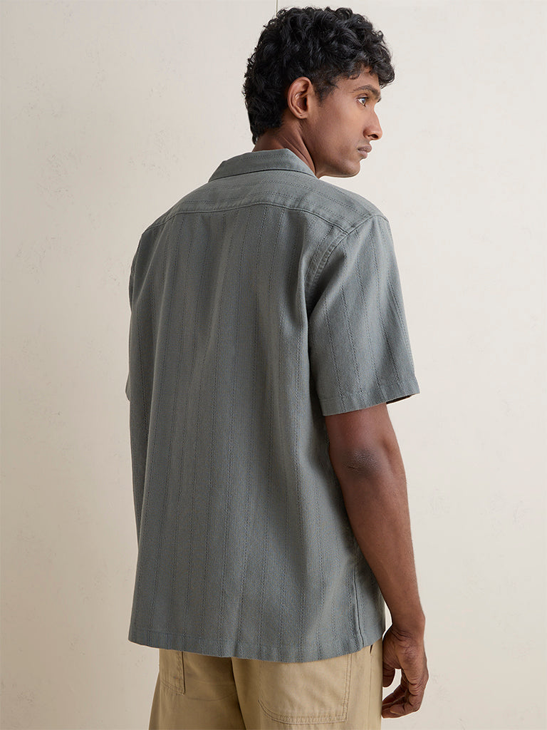 WES Casuals Dark Sage Sefl-Striped Relaxed-Fit Cotton Shirt