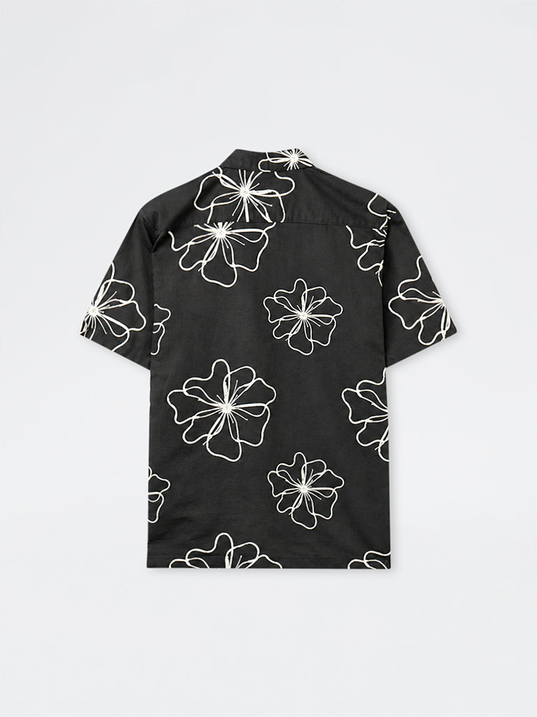 WES Casuals Dark Green Floral Pattern Relaxed-Fit Cotton-Blend Shirt