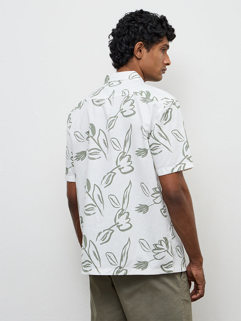 WES Casuals White Printed Relaxed-Fit Cotton-Blend Shirt