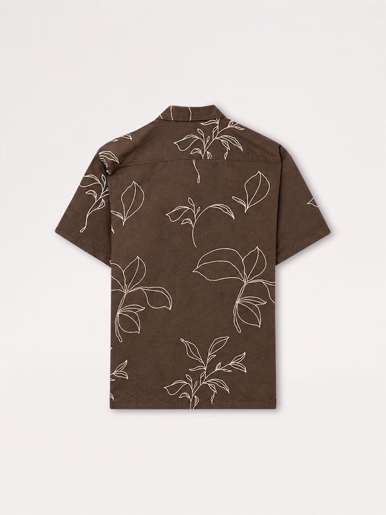 WES Casuals Brown Botanical Printed Relaxed-Fit Cotton-Blend Shirt