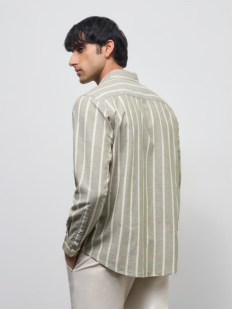 WES Casuals Olive Striped Relaxed-Fit Cotton-Blend Shirt