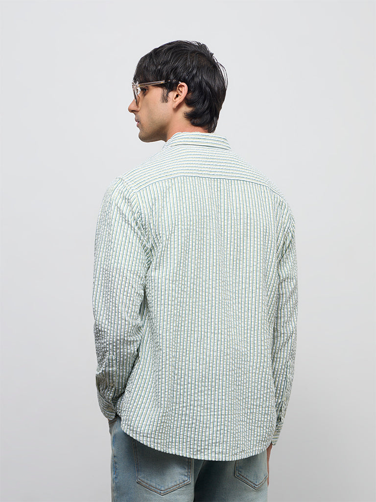 WES Casuals Lime Seersucker Striped Relaxed-Fit Cotton Shirt