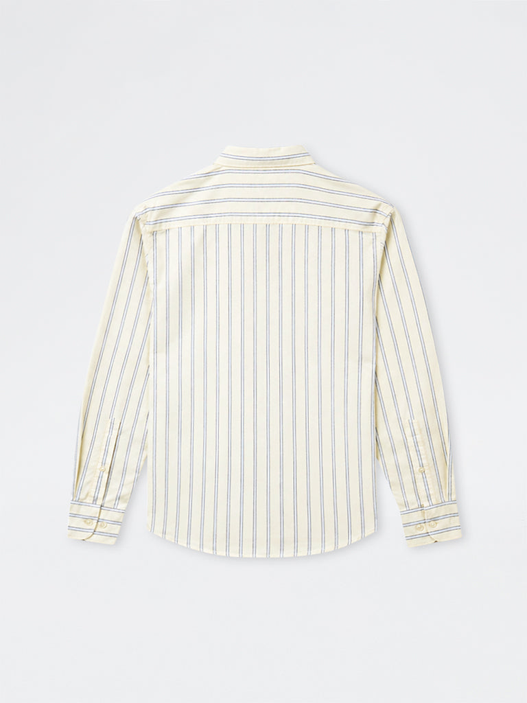WES Casuals Light Yellow Striped Relaxed-Fit Cotton Shirt