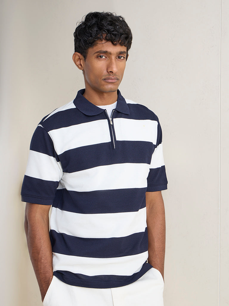Buy WES Casuals Navy Relaxed-Fit Quarter-Zip Polo T-Shirt from