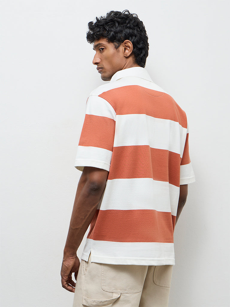 WES Casuals Rust Striped Relaxed-Fit Cotton Polo T-Shirt