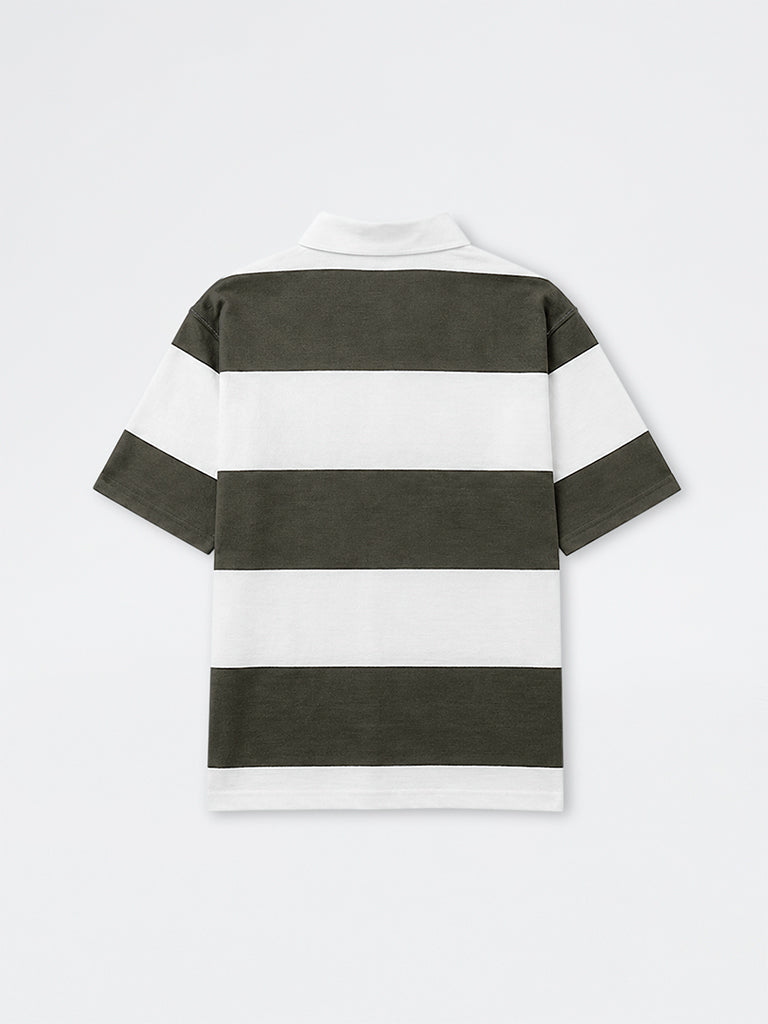WES Casuals Sage Striped Relaxed Fit Cotton Polo T-Shirt