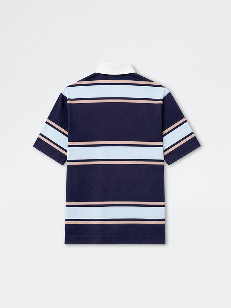 WES Casuals Navy Striped Relaxed-Fit Cotton Polo T-Shirt