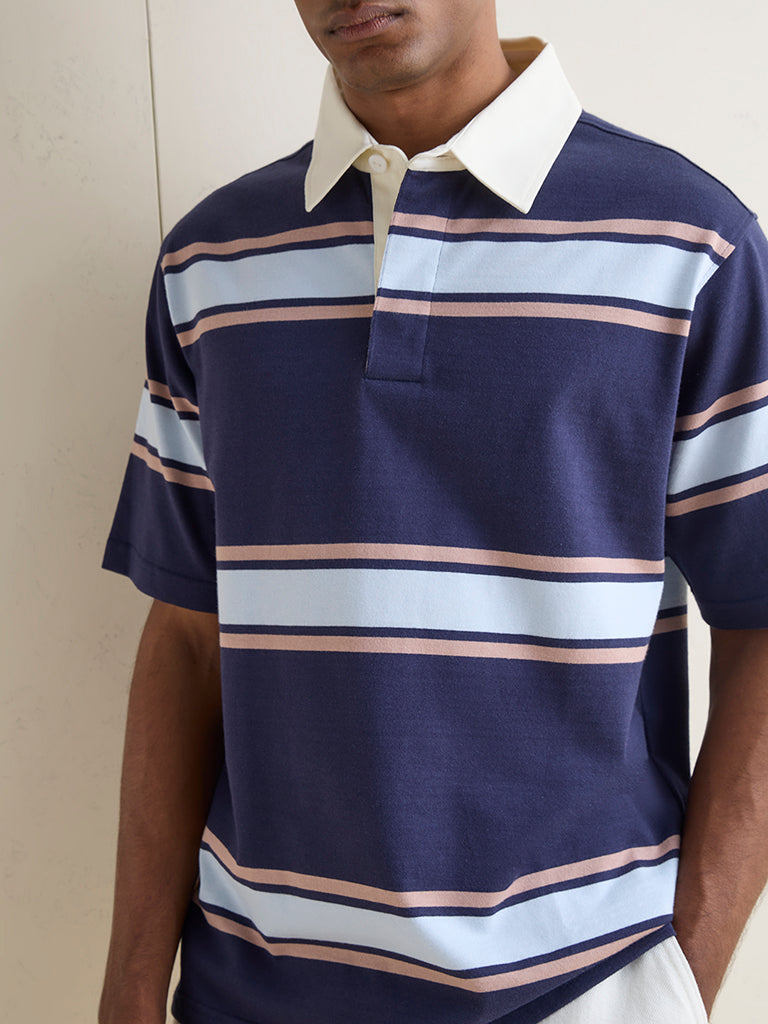 WES Casuals Navy Striped Relaxed-Fit Cotton Polo T-Shirt