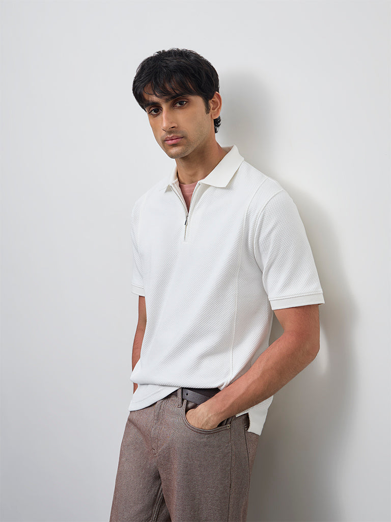 Buy WES Casuals Off-White Popcorn Textured Relaxed-Fit Quarter-Zip Polo T-Shirt  from Westside