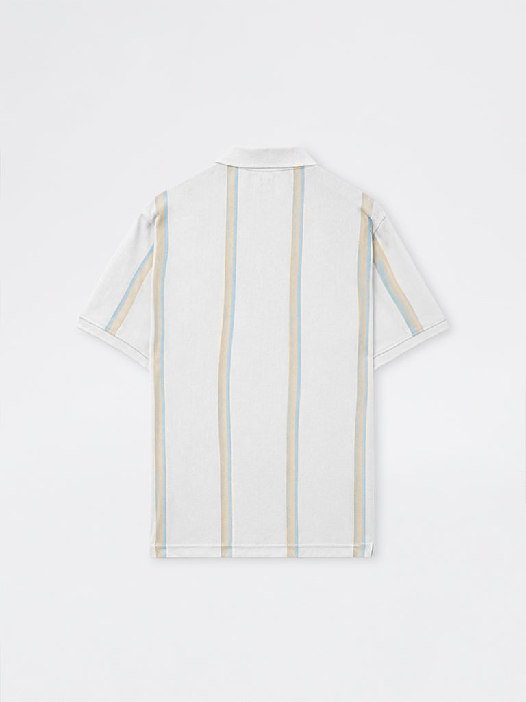 WES Casuals Off-White Striped Relaxed-Fit Cotton Polo T-Shirt
