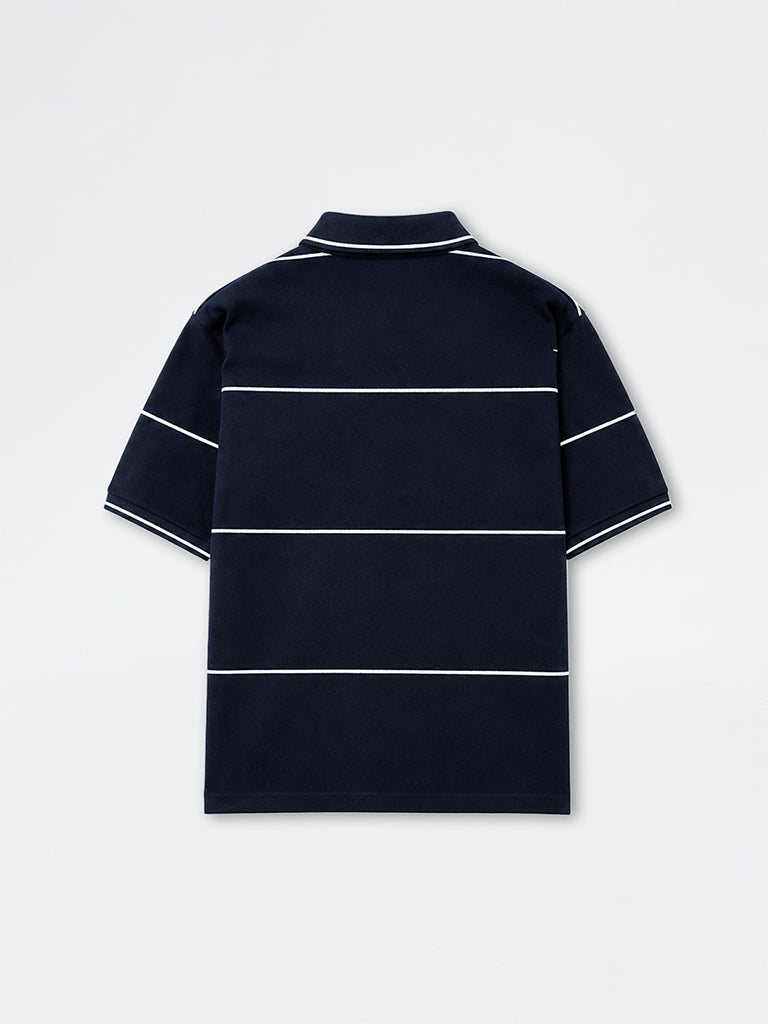 WES Casuals Navy Striped Relaxed-Fit Cotton Polo T-Shirt