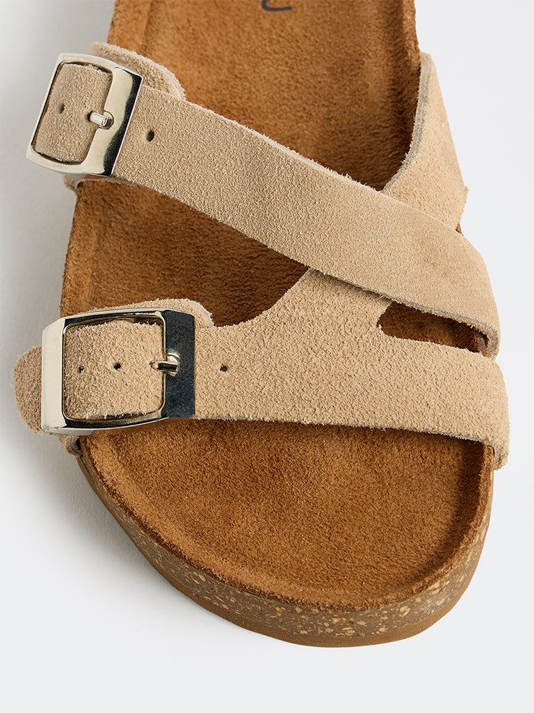 LUNA BLU Beige Suede Buckle-Detailed Sandals