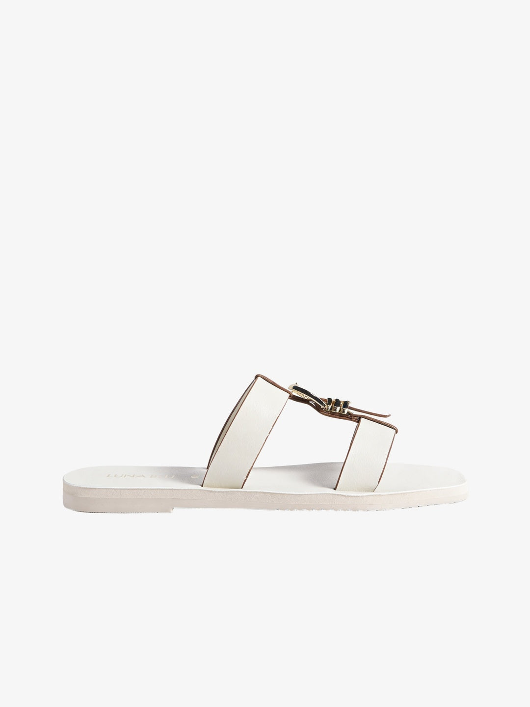 LUNA BLU Ivory Metallic Buckle T-Strap Sandals