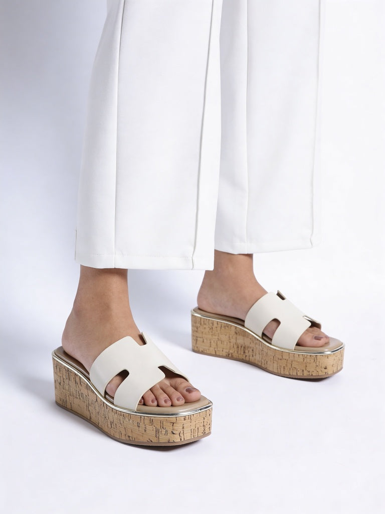 LUNA BLU Woman Ivory Cork Textured Platform Wedge Heel Sandals
