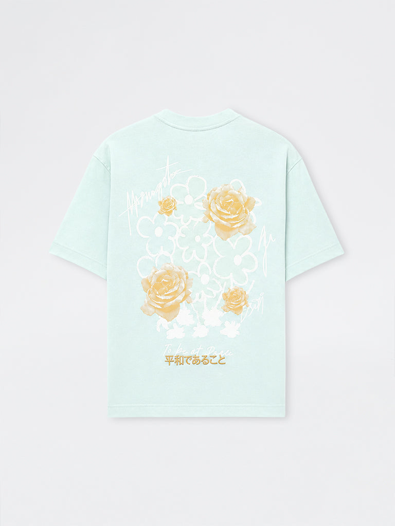Nuon Light Teal Floral Printed Relaxed-Fit Cotton T-Shirt
