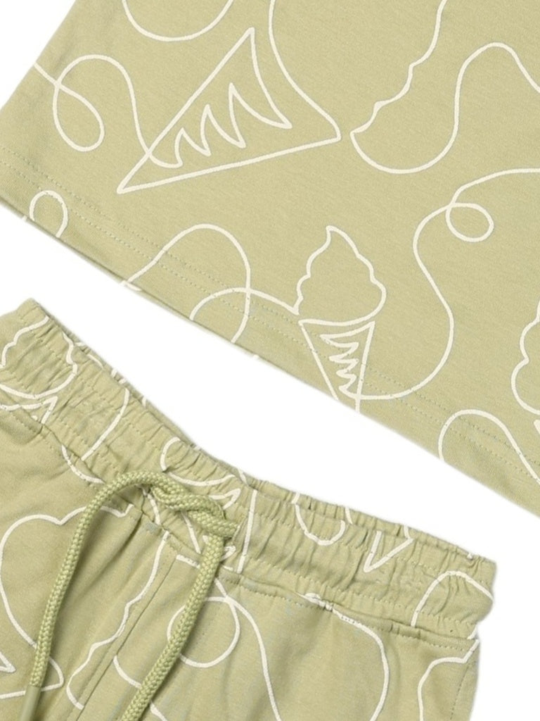 HOP Kids Boys Sage Printed Cotton T-Shirt and Shorts Set