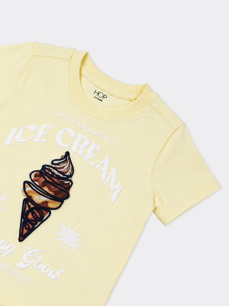 HOP Kids Boys Yellow Printed Cotton T-Shirt