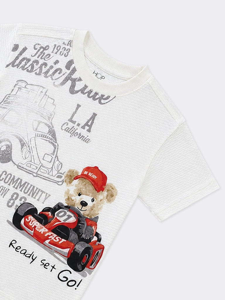 HOP Kids Boys Off-White Bear Racing Graphic Cotton T-Shirt