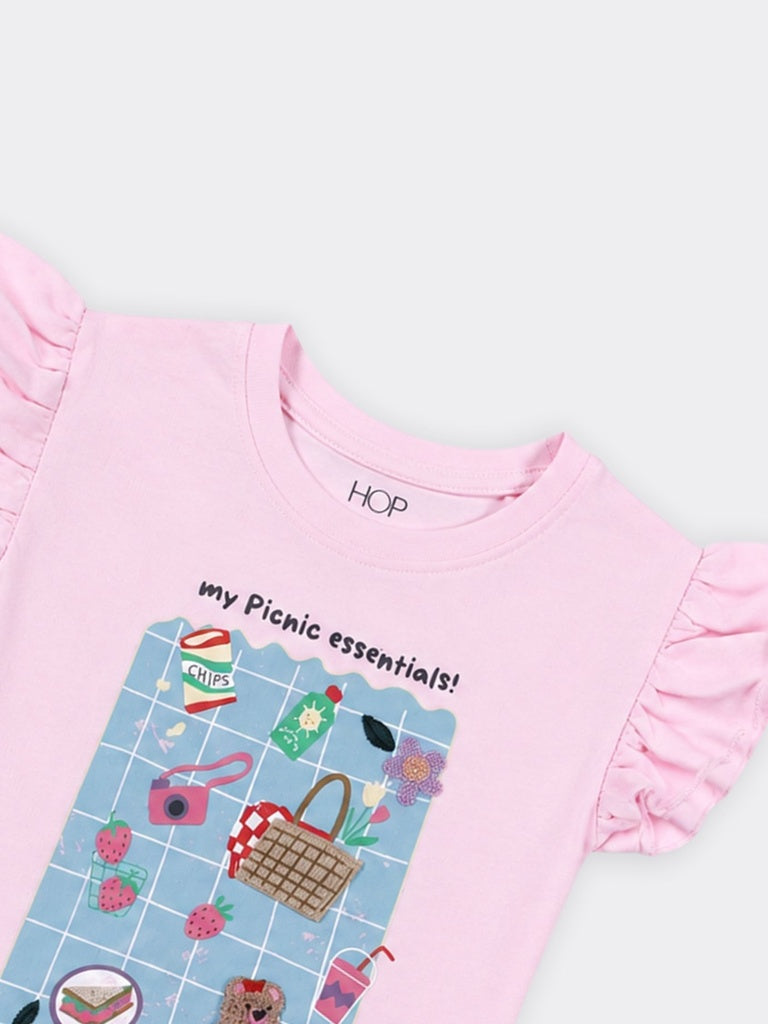 HOP Kids Girls Pink Picnic Printed Cotton Top