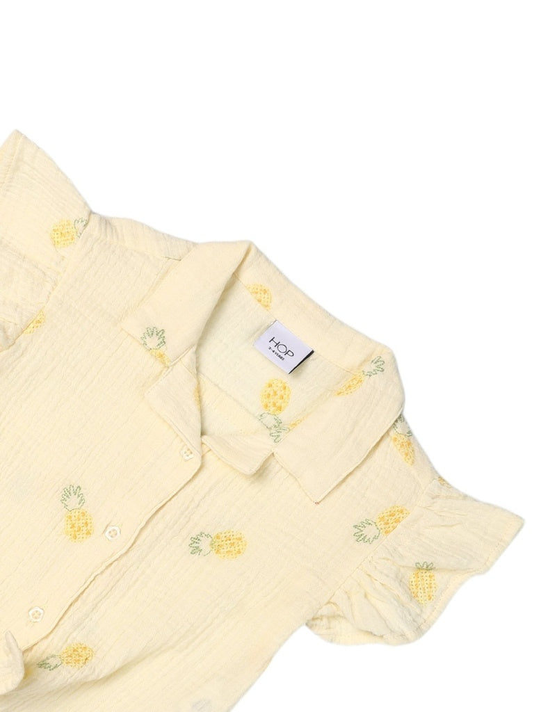 HOP Kids Girls Light Yellow Embroidered Tie-Knot Ruffle Cotton Shirt