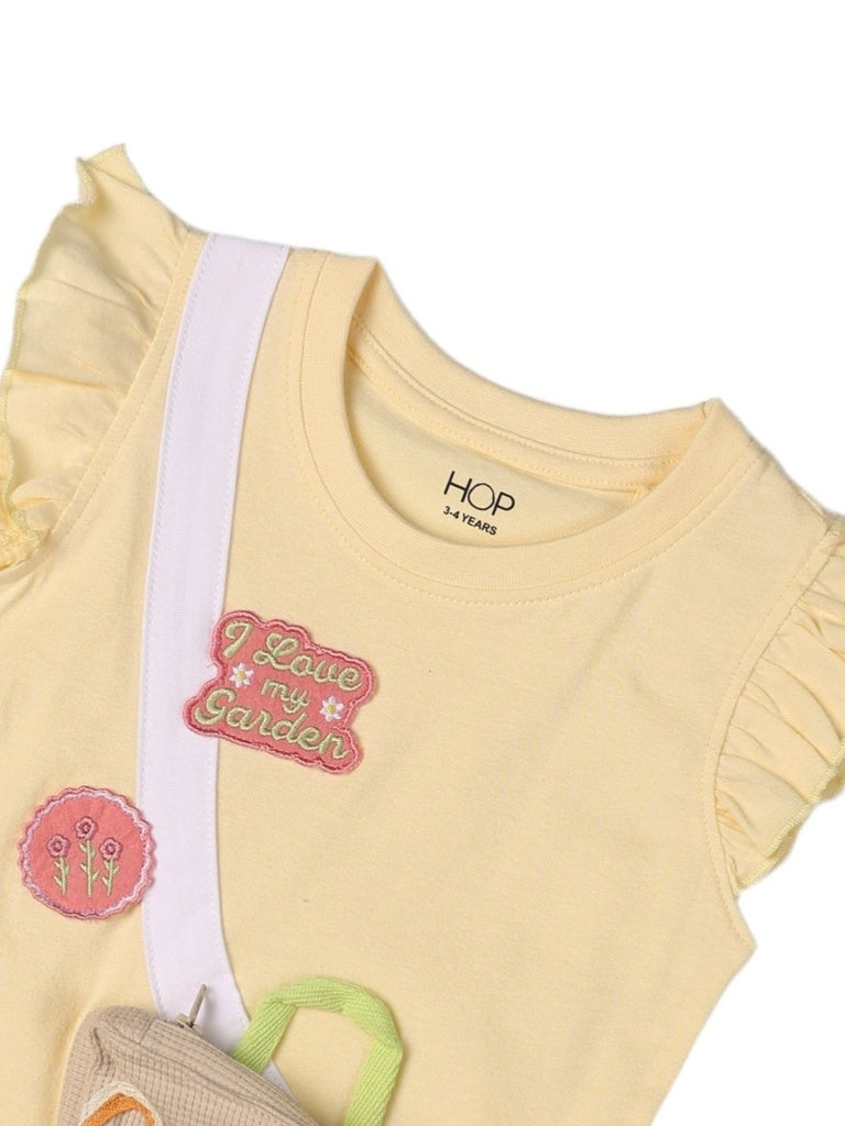HOP Kids Girls Light Yellow Pouch Design Cotton Top