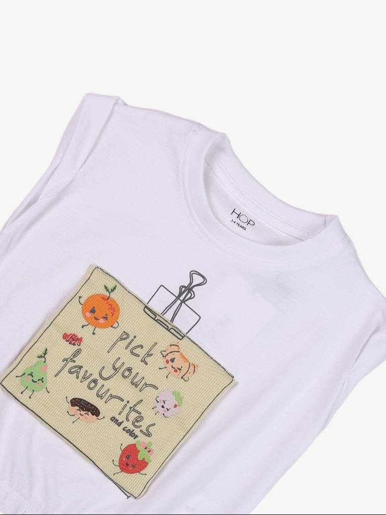 HOP Kids Girls Off-White Printed Cotton T-Shirt