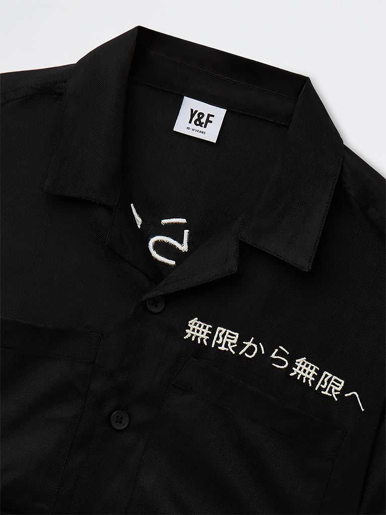 Boys Black Japanese Text Embroidered Shirt