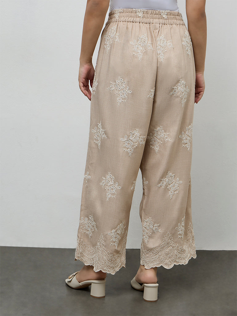 Diza Beige Floral Embroidered Pants