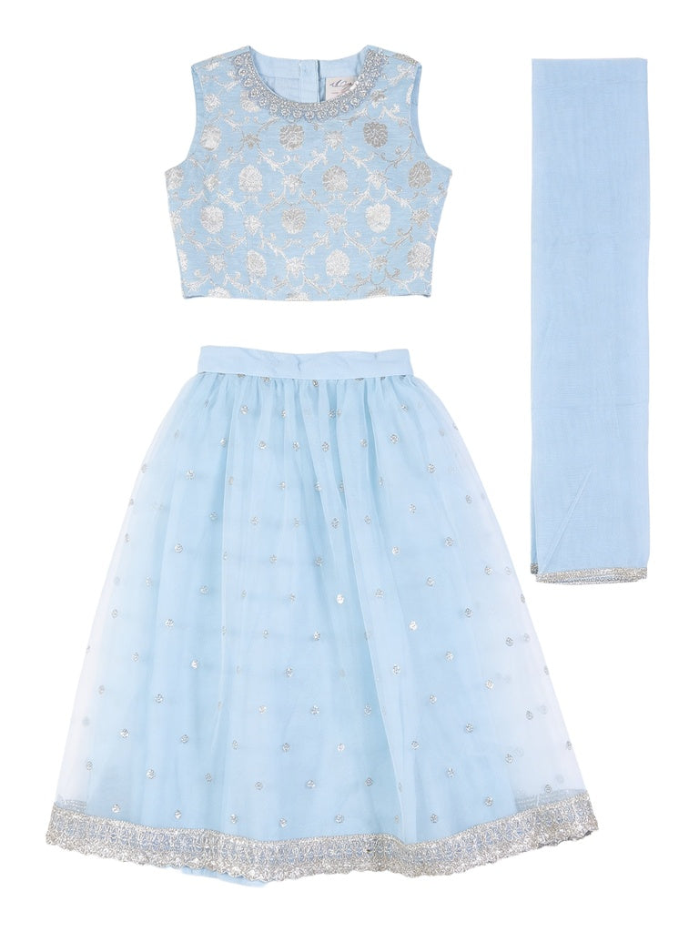 Utsa Kids Girls Blue Embroidered Cotton-Blend Top and Net Skirt Set - (2-8 yrs)
