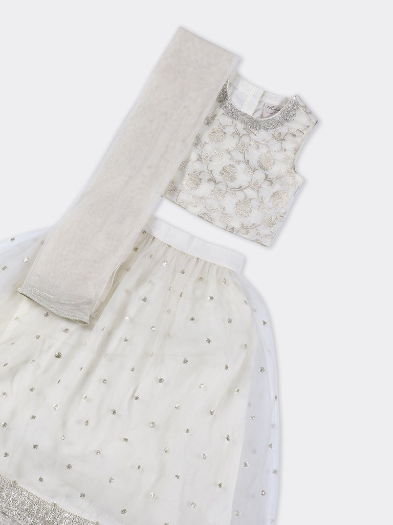Utsa Kids Girls Off-White Embroidered Flared Ethnic Lehenga Set - (2- 8 yrs)