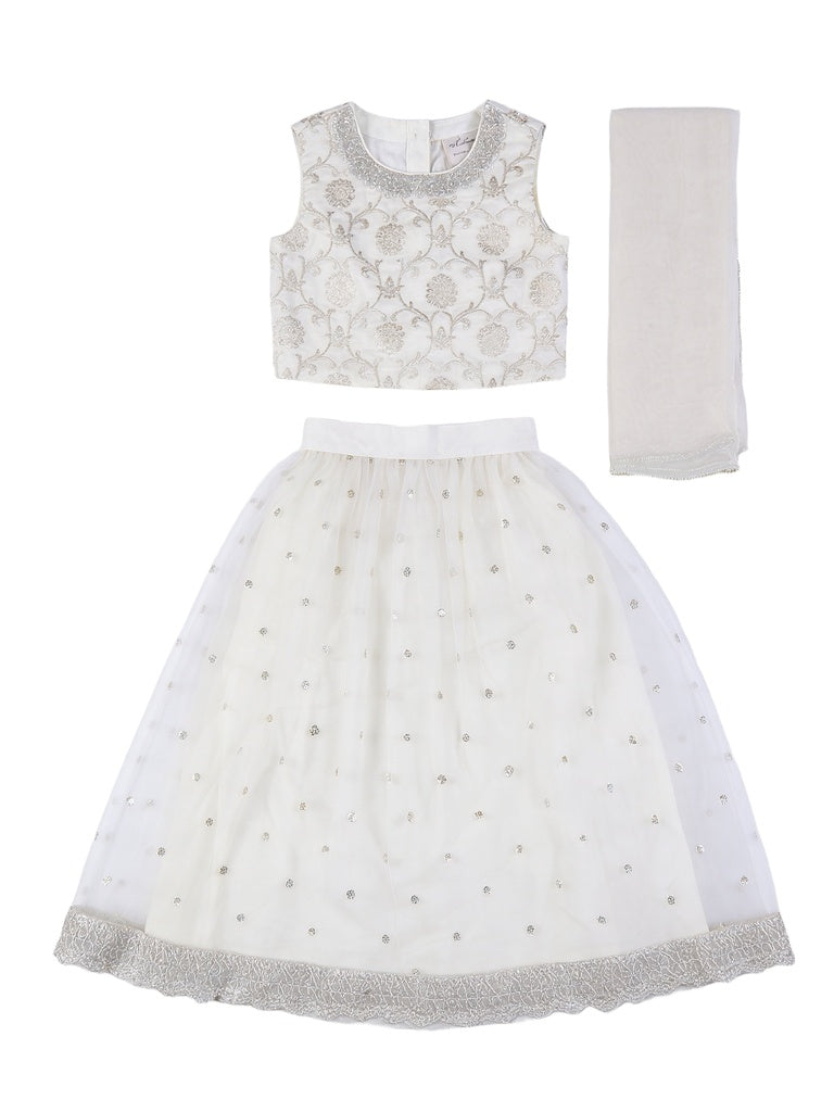 Utsa Kids Girls Off-White Embroidered Flared Ethnic Lehenga Set - (2- 8 yrs)