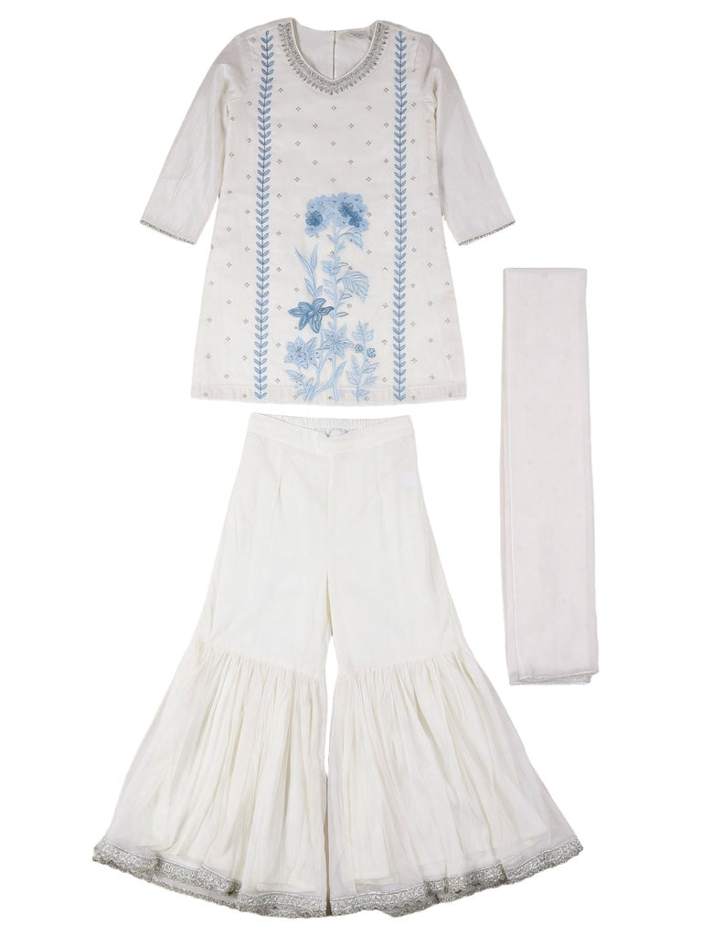 Utsa Kids Girls White Floral Embroidered Cotton-Blend Sharara Ethnic Set - (8-14 yrs)