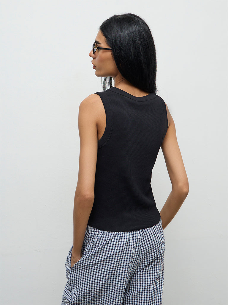 Superstar Black Ribbed Cotton-Blend Tank Top