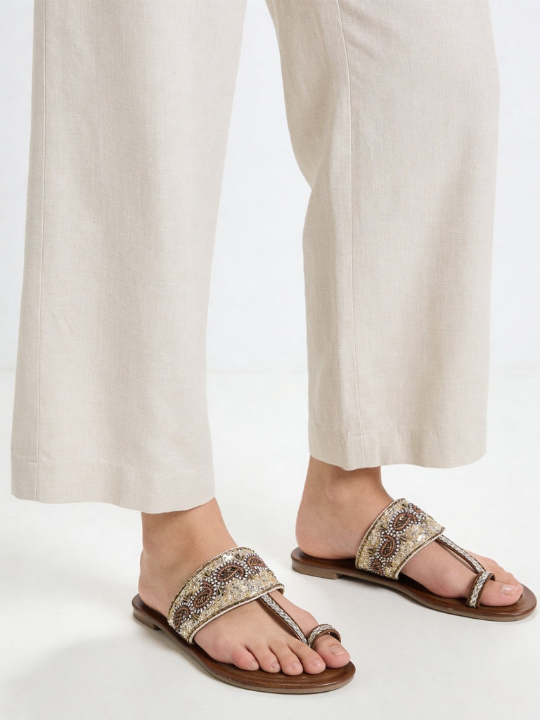 LUNA BLU Tan Embellished Kolhapuri Flat Sandals