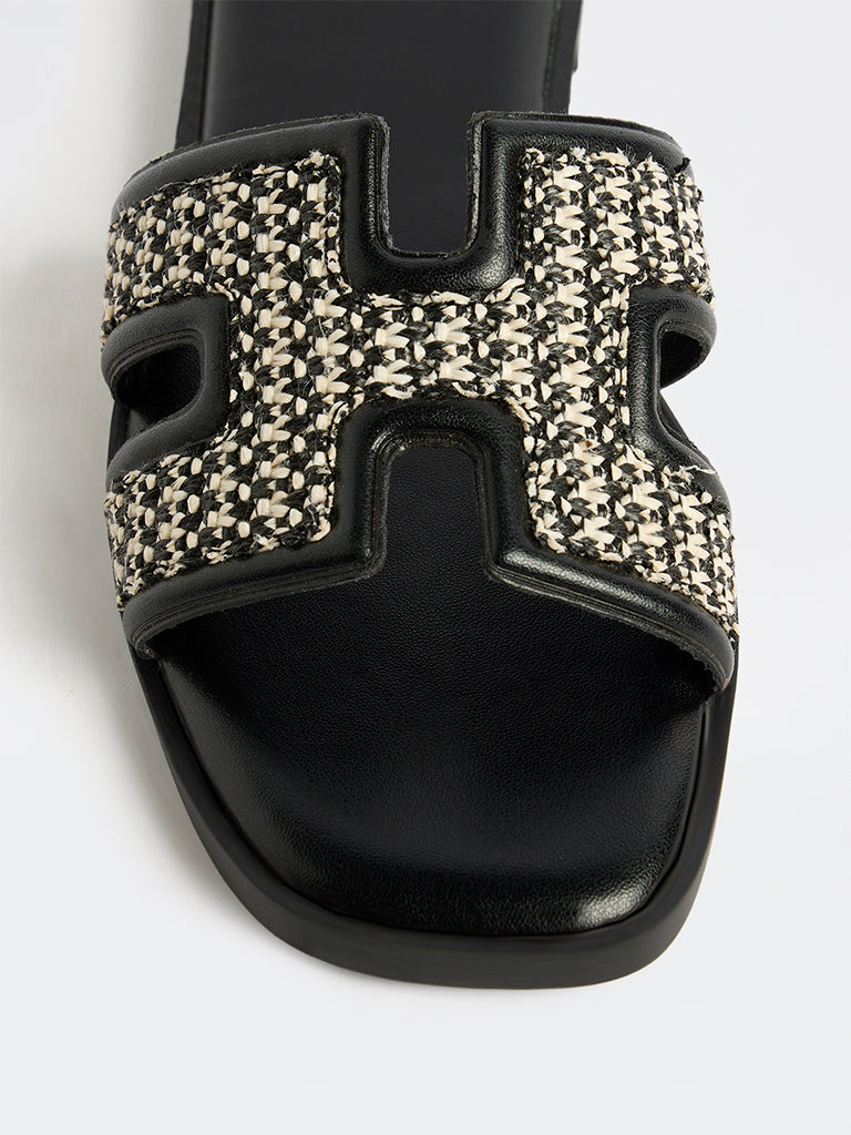 LUNA BLU Black Raffia Textured Slides