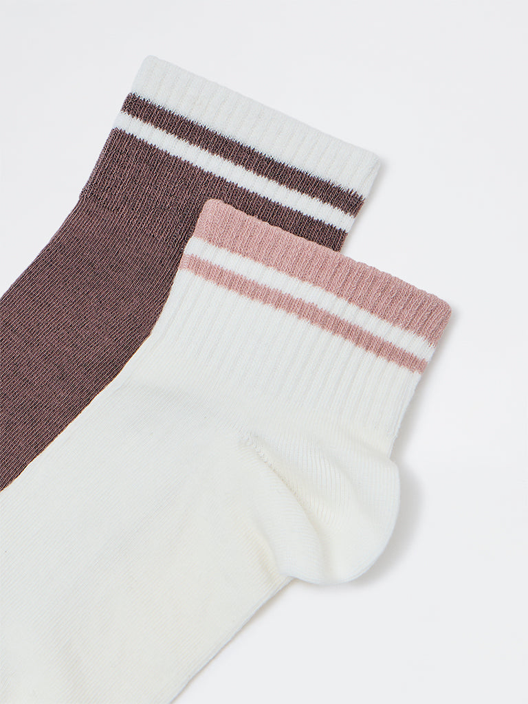 Wunderlove Brown and Ivory Cotton-Blend Ankle-Length Socks - Pack of 2