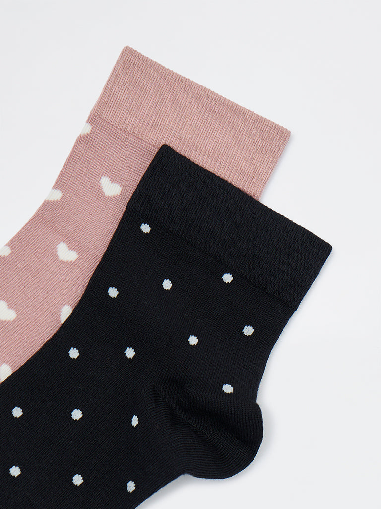 Wunderlove Black and Pink Cotton-Blend Ankle-Length Socks - Pack of 2