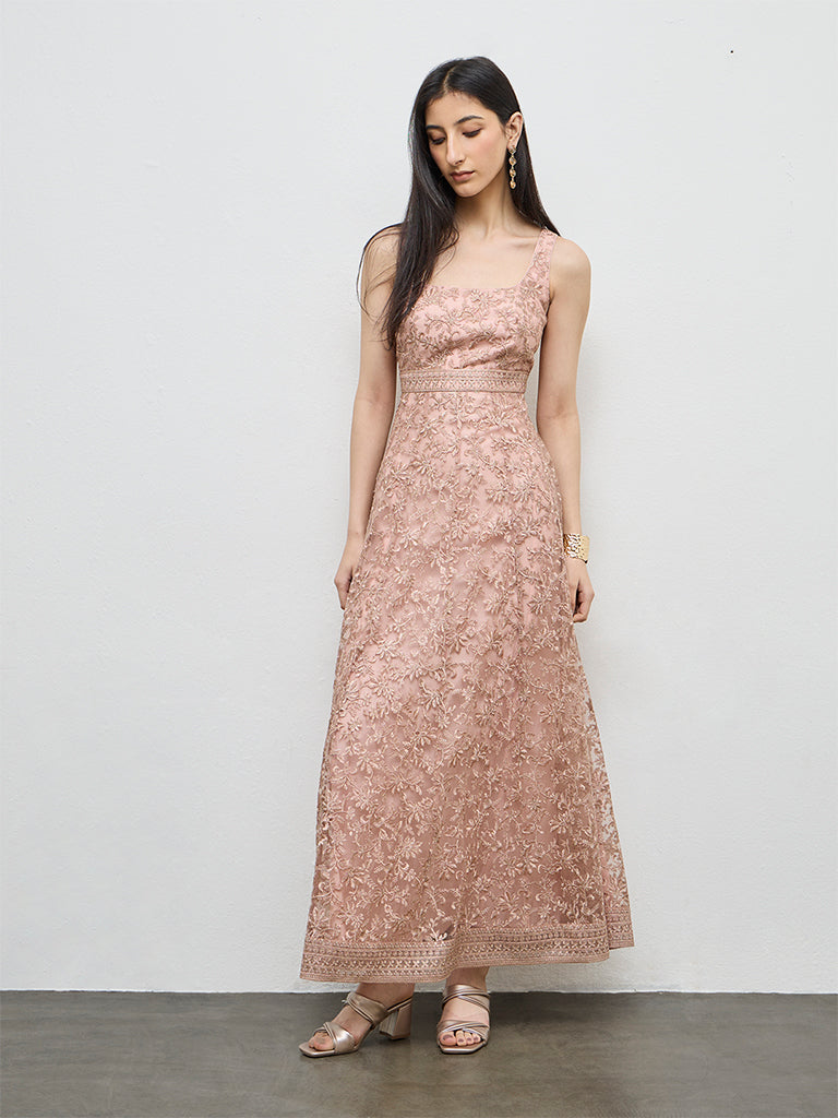 Buy Vark Dusty Pink Floral Embroidered A-Line Dress from Westside