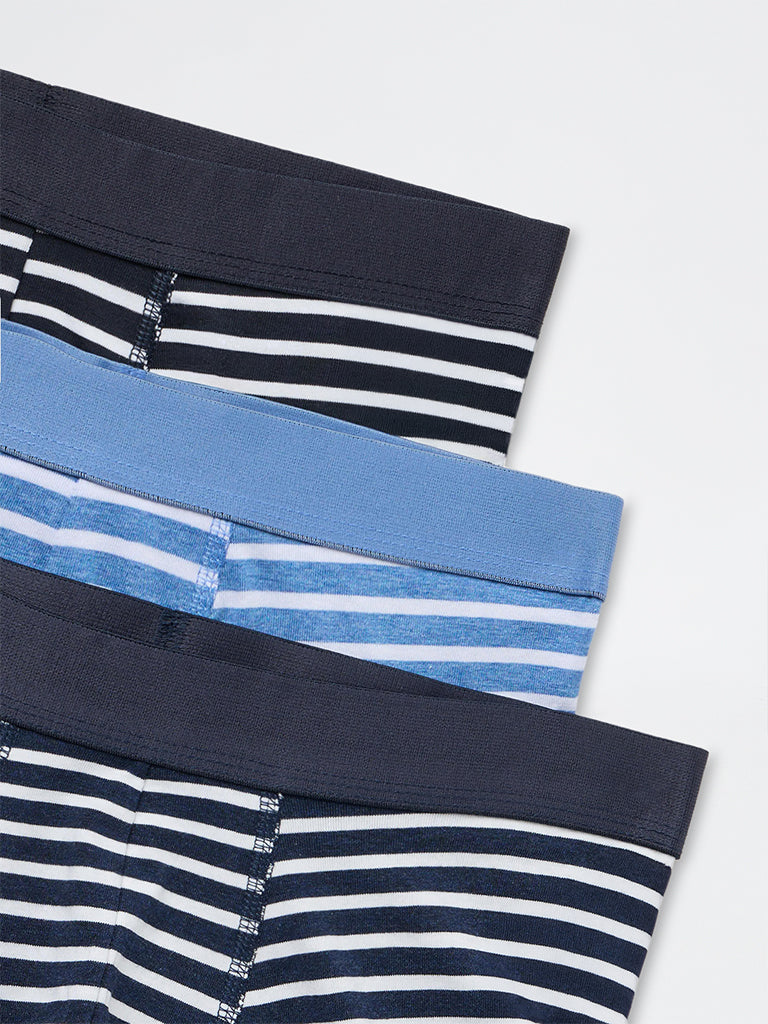 WES Lounge Blue Striped Cotton-Blend Trunks-Pack of 3
