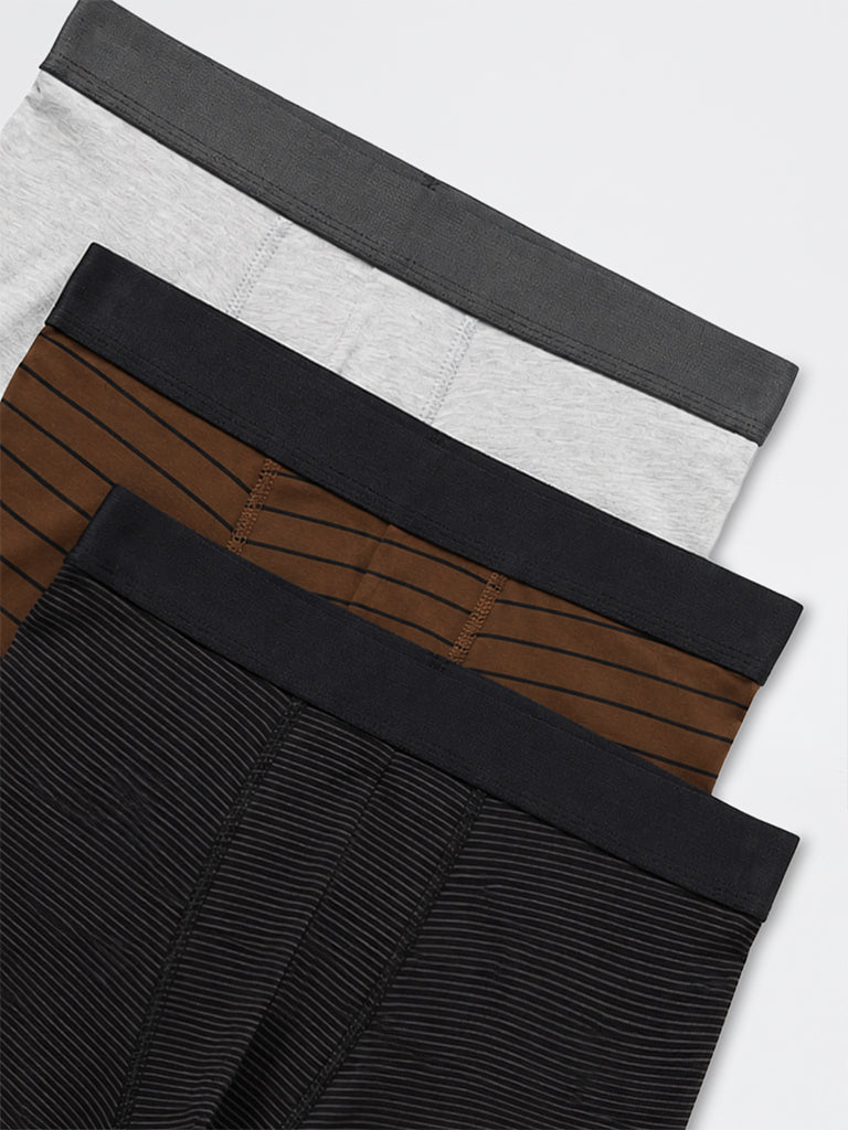 WES Lounge Brown Striped Cotton-Blend Trunks-Pack of 3