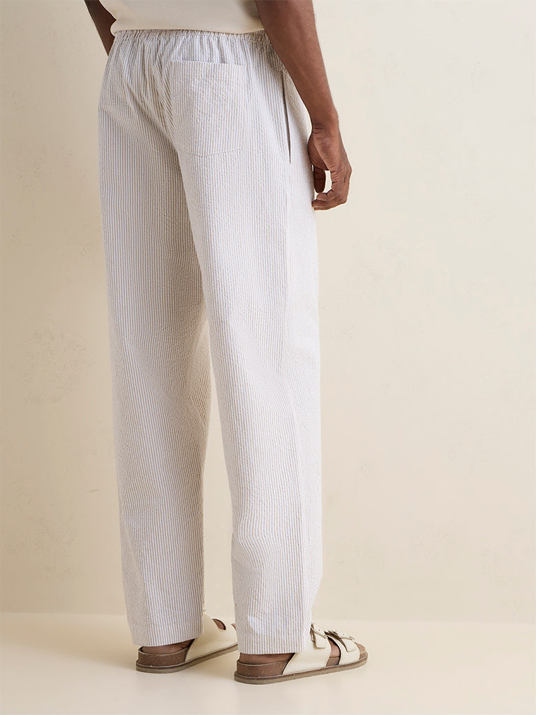 WES Lounge Beige Striped Relaxed-Fit Mid-Rise Cotton Pants