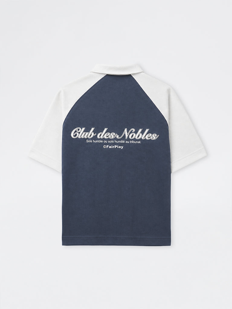 Nuoflexx Dark Blue Typographic Relaxed-Fit Cotton-Blend Quarter-Zip Polo T-Shirt