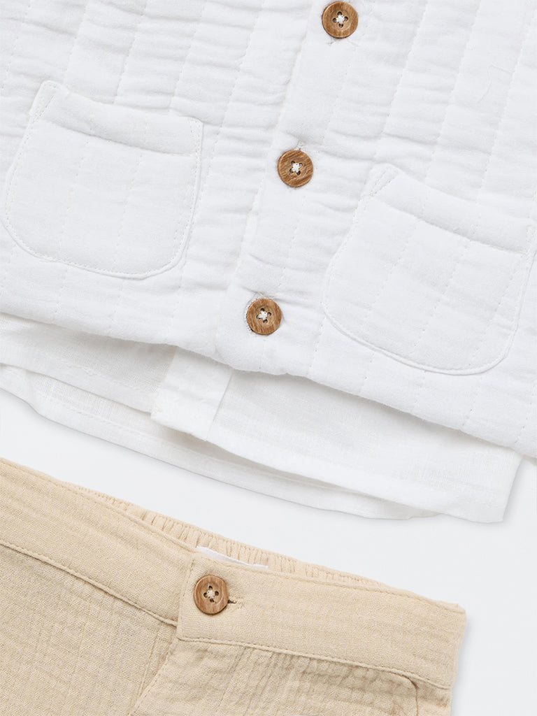 HOP Baby Boys White Cotton Shirt, Waistcoat, and Pants Set
