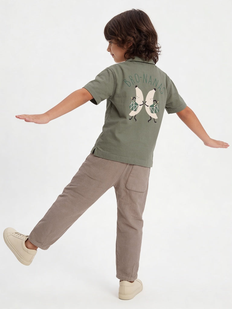 HOP Kids Boys Olive Banana Patch Cotton Shirt