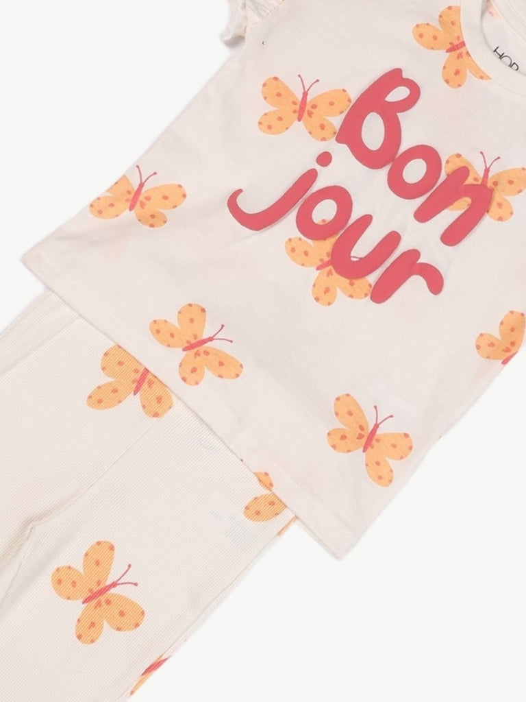 HOP Kids Girls Off-White Printed Cotton-Blend Top and Pants Set