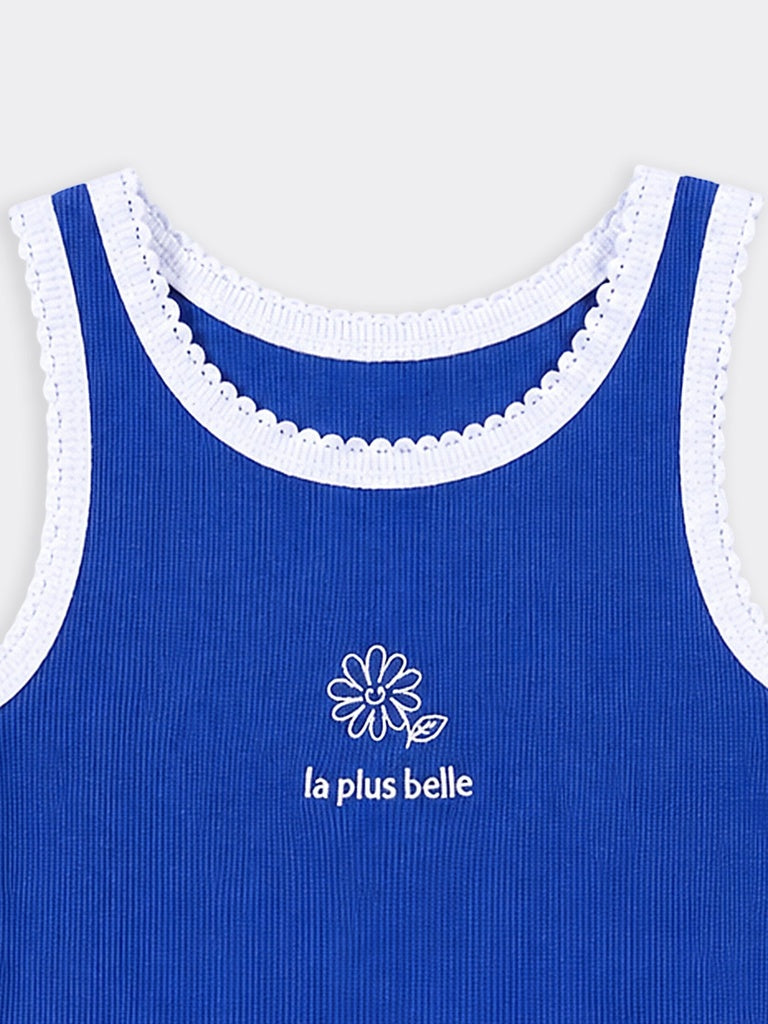 HOP Kids Girls Blue Ribbed Embroidered Cotton-Blend Tank Top