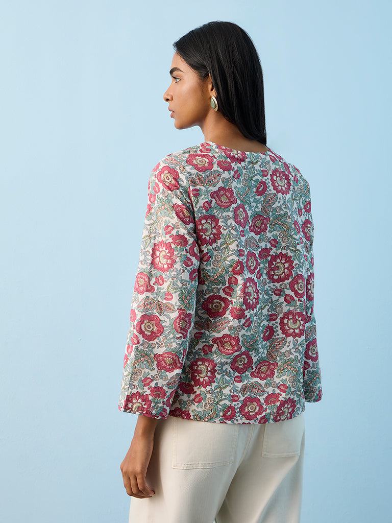 Utsa Multicolor Foliage Pattern Cotton Ethnic Top