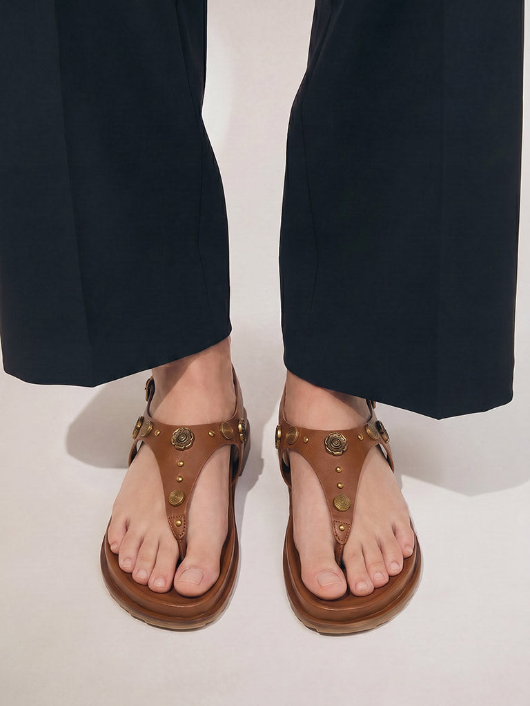 LUNA BLU Tan Embellished Thong-Strap Sandals