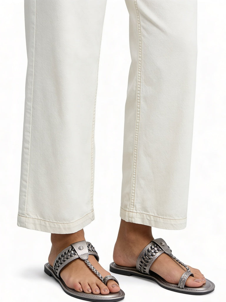 LUNA BLU Pewter Metallic Finish T-Strap Kolhapuri Sandals