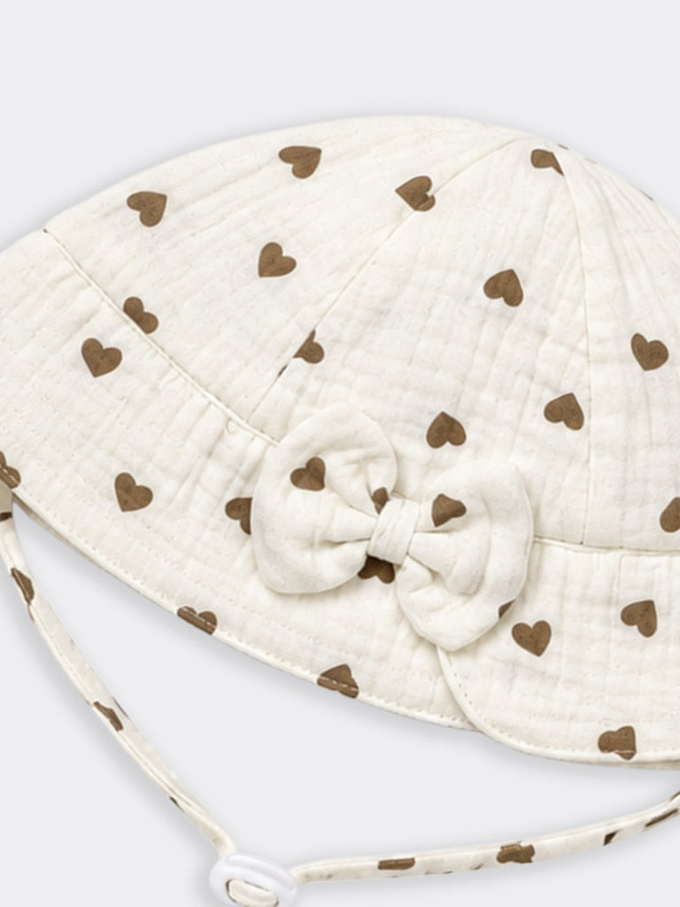 HOP Kids Girls Stone Heart Print Bow Detail Muslin Bucket Hat